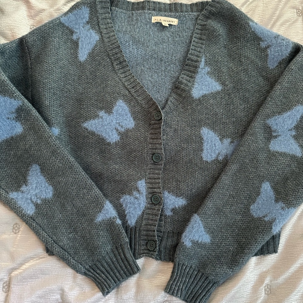 La Hearts Gray and Blue Butterfly Cardigan